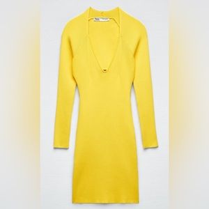 Zara. Yellow Long Sleeve Knit Open Back Mini Dress. Size Small. Never Worn.